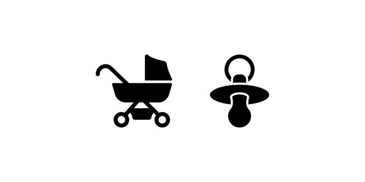Baby stroller and pacifier black isolated icon for infant transport.