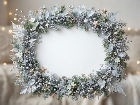 Elegant frozen winter wreath featuring silver berries and frosted pine needles on white backdrop.