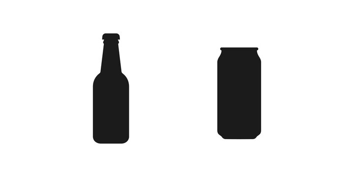 Black silhouette of a beer bottle and can for drinks packaging.