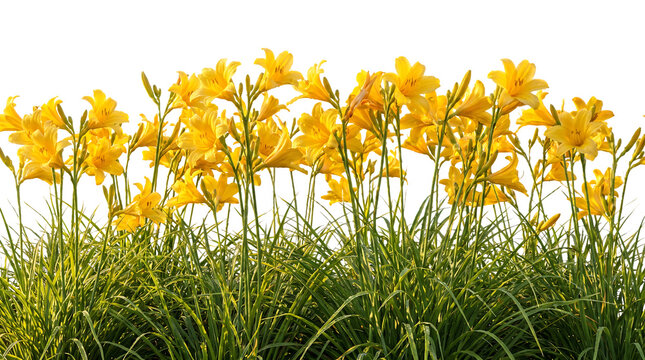 Yellow daylilies blooming in green grass with daylilies transparent wildflower perennial blossoming as isolated object