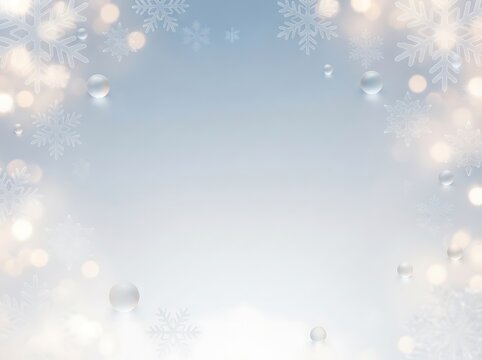 Elegant winter background with blue snowflakes and golden bokeh lights for festive season greetings.
