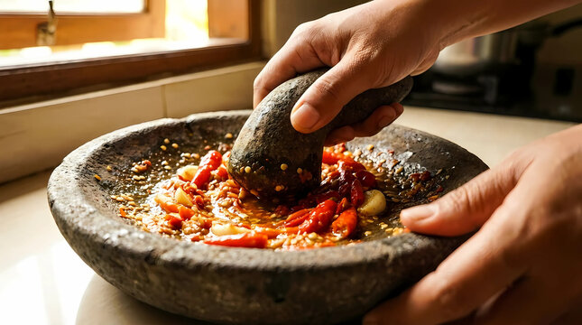 Hand Grinding Red Chili and Garlic in Traditional Stone Mortar