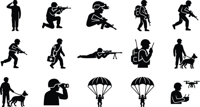 Military silhouettes collection featuring soldiers in various combat and tactical positions