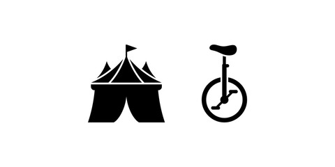 Black circus tent and unicycle silhouette icons for carnival events. © 扁平化图标 