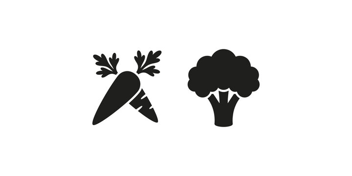 Black silhouette icons of fresh carrot and broccoli healthy vegetable.