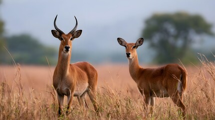 Fototapeta premium Two antelopes stand alert in tall golden grass under soft daylight heads turned toward viewer with calm posture