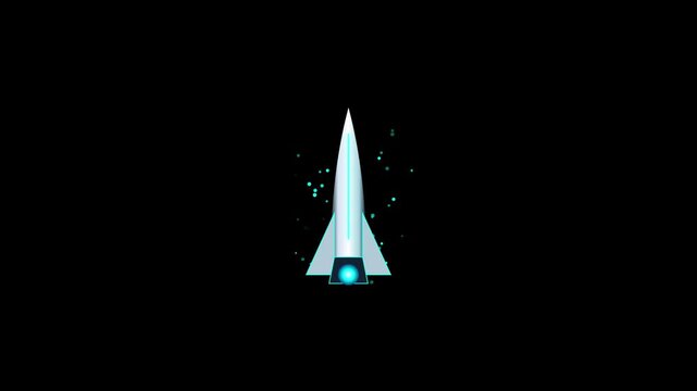 An animated white rocket launches upward against a black background, emitting a bright blue exhaust flame and floating digital particles in a looped motion.