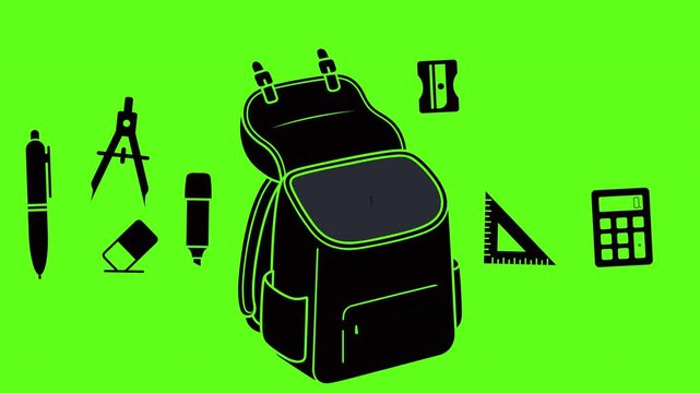 Cartoon School Backpack with Stationery Supplies for Education and Learning on Green Screen