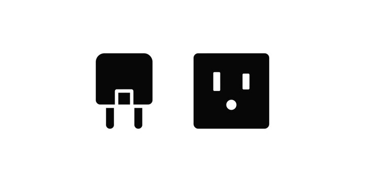 Household power socket with ground and electrical plug flat black icons.