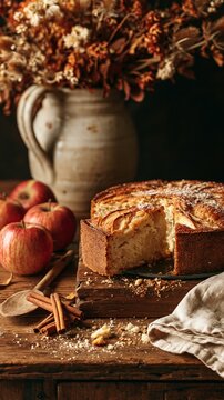 a freshly baked apple cake with a goldenbrown crust and a slice taken out of it. The cake sits on a wooden board, surrounded by cinnamon sticks and a wooden spoon.