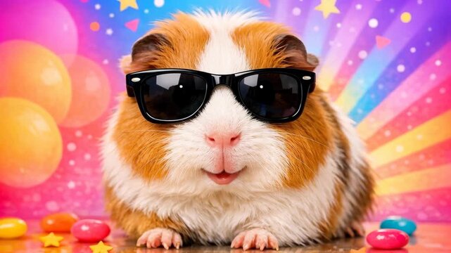 Adorable guinea pig wears sunglasses with a cool expression