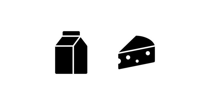 Milk carton and cheese wedge food icon set for dairy product branding.