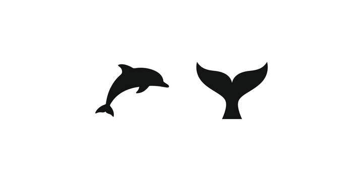 Dolphin jumping and whale tail icon set for aquatic marine life graphics.