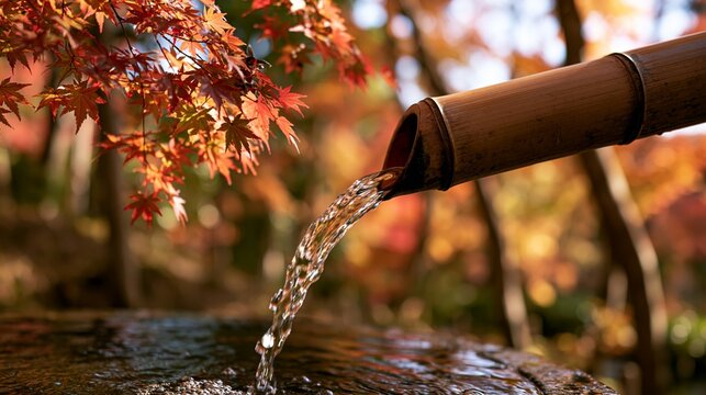 a serene outdoor scene during autumn. A bamboo water source pours clear water from a bamboo tap into a shallow pool of water below. The water is flowing smoothly.