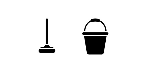 Cleaning tools mop and water bucket icons black minimalist vector art. © 扁平化图标 