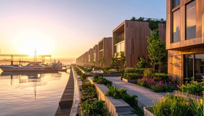 Fototapeta premium Modern luxury resort apartments by the ocean at sunset with luxury apartment modern architecture seaside living vacation hom