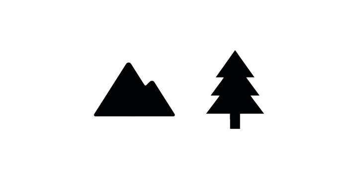 Mountain range and evergreen pine tree icons black nature landscape set.