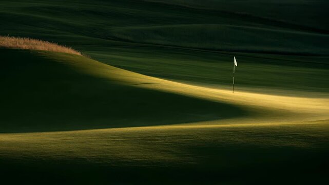 A golfer approaches the flag on a green hill at a golf course during the sunset. The light creates shadows on the grass and highlights the flag.