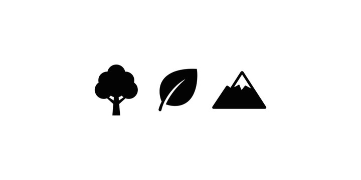 Natural environment icons set featuring tree leaf and mountain silhouettes.