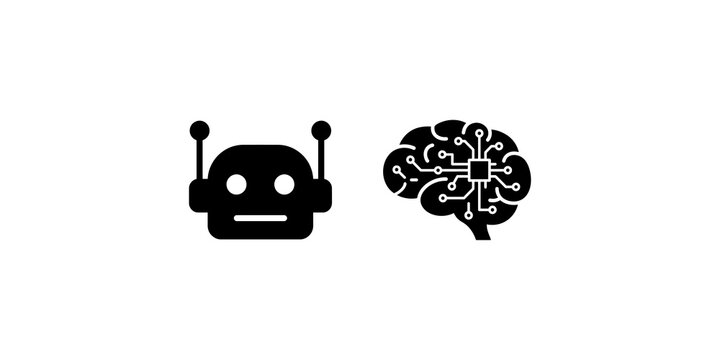 Cute robot assistant head and electronic cyber brain processor icon.