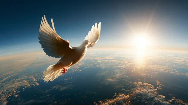 A dove soars in the sky above Earth as the sun rises. The bright colors of the sky create a beautiful background. Clouds can be seen below the bird.