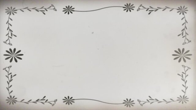 Vintage silent film frame overlay featuring delicate black flower star ornaments, wavy botanical branch borders, flickering analog dust, hair, scratches, and film grain texture