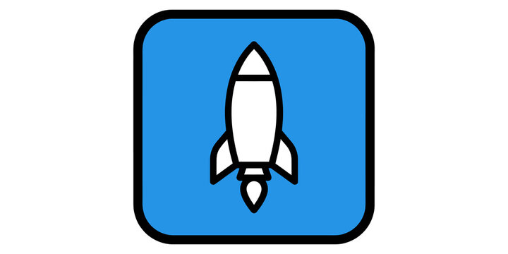 Rocket ship icon blue square button startup space launch illustration.