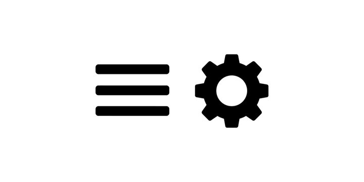 Minimalist menu list and gear settings black solid icons for interface.