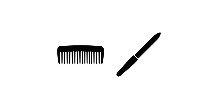 Black hair comb and nail file icons for beauty grooming essentials.