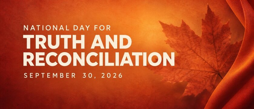 National Day for Truth and Reconciliation in Canada banner. September 30, 2026. Orange background with an autumn maple leaf and fabric texture representing Orange Shirt Day. Indigenous healing