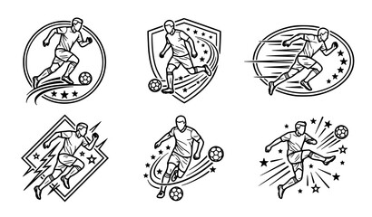 Obraz premium Soccer Football Player Logo and Badge Vector Icon Set Featuring Action Poses, Running, Kicking, and Equipment Outlines for Team and Tournament Branding