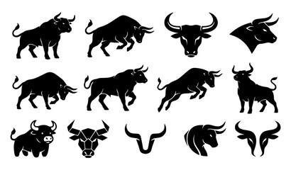 Obraz premium Bull Silhouette and Head Vector Icon Set with Powerful Horns and Charging Mascot Symbols for Sports Teams, Finance, and Taurus Zodiac Designs