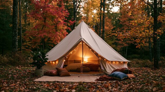 a serene forest during autumn. A large, creamcolored bell tent is the main subject, illuminated by warm, glowing fairy lights that cast a soft glow on its interior.
