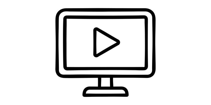 Black outline computer monitor icon with play button media display.