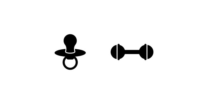 Baby pacifier and rattle black silhouette icons on transparent layer.
