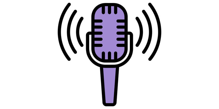 Purple retro microphone with sound wave signals for podcast broadcasting.