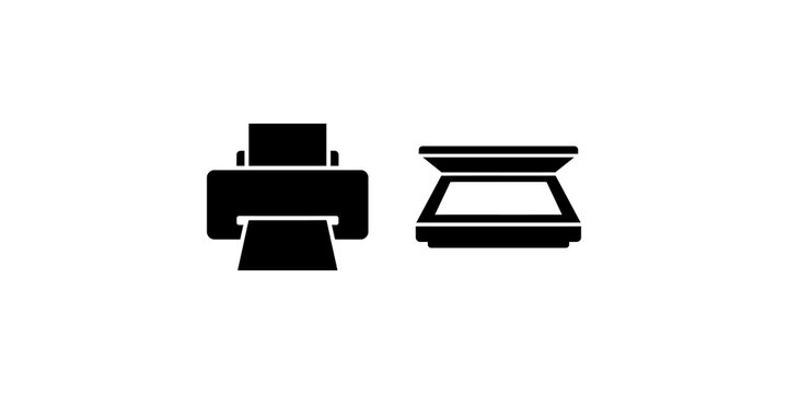 Black printer and scanner office machine icons on transparent backdrop.