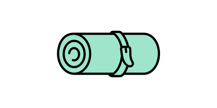 Camping sleeping mat vector icon rolled green picnic pad equipment.