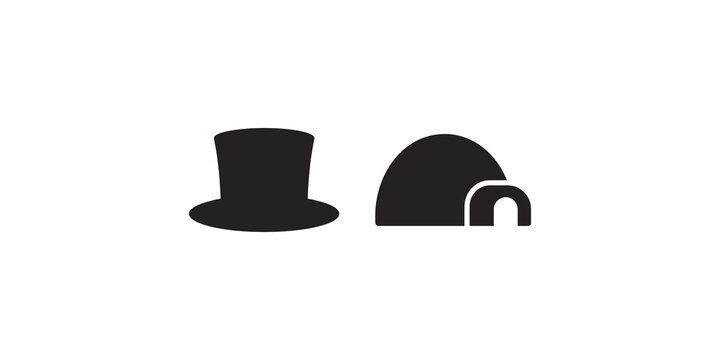 Classic black top hat and traditional snowy igloo flat vector icons.