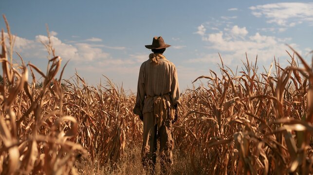 a solitary figure standing in a field of tall, golden corn stalks. The figure wears a longsleeved shirt and a widebrimmed hat, indicating a rural or agricultural setting.