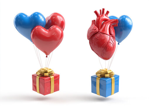 Heart balloons lift colorful gift boxes on a clean white background.