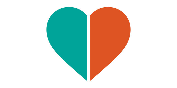 Split heart shape graphic teal orange colors for valentine day creative art.