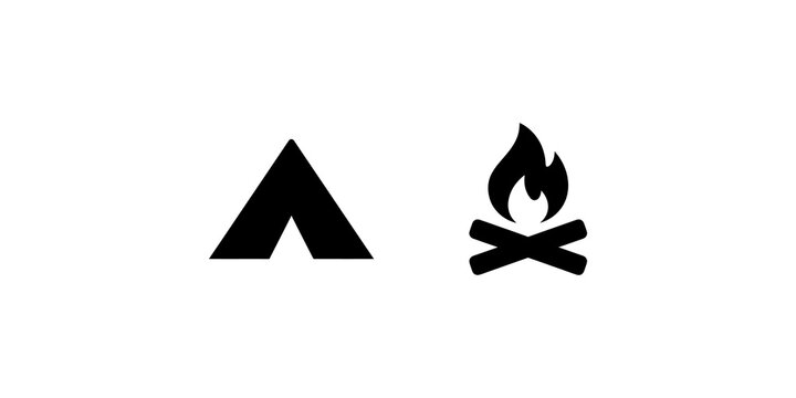 Camping tent and burning campfire icons for outdoor wilderness adventure.