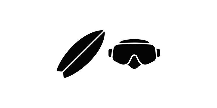 Black surfboard and diving mask icons for summer water sports activities.