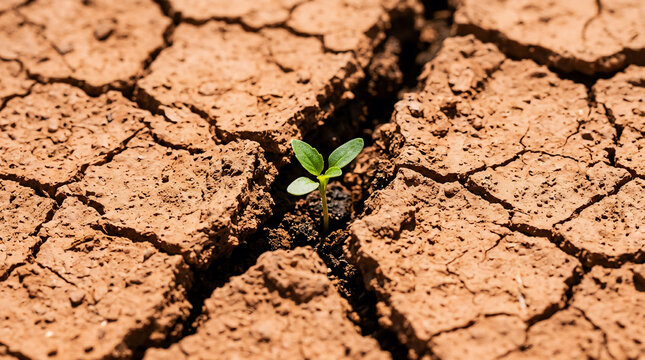 Small green sprout pushes through dry cracked brown earth under natural light, symbolizing resilience and new life.