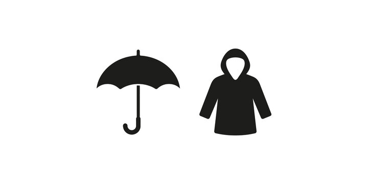 Open umbrella and raincoat minimalist black silhouette graphic set.
