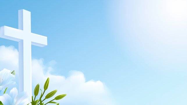 White Christian cross and blooming lily flowers against a blue sky with soft white clouds