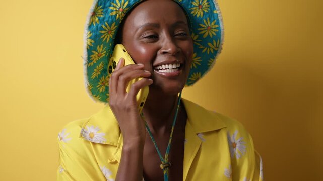 Tourist having phone call against yellow studio background with copyspace. Woman talking on smartphone wearing stylish bob hat with flowers