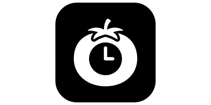 Pomodoro timer black square icon with tomato and clock hands.