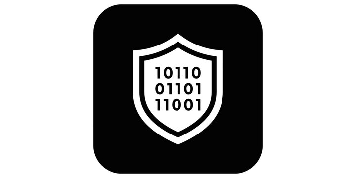 Binary code data protection shield icon within black rounded rectangle.